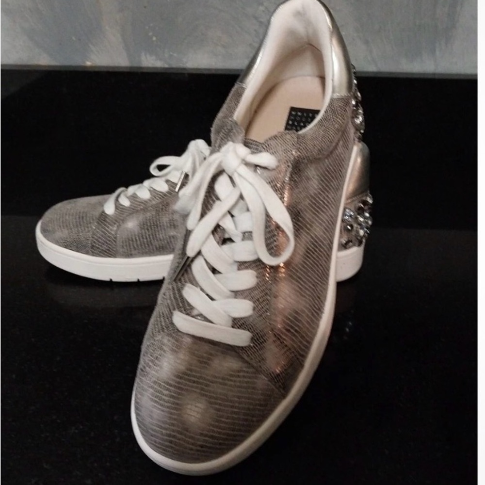 White House Black Market Metallic‎ Silver Lace-Up Sneakers with Embellished Heel
